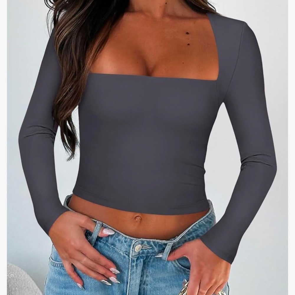 NWT Women's Sexy Square Neck Long Sleeve Slim Fit Cropped Top